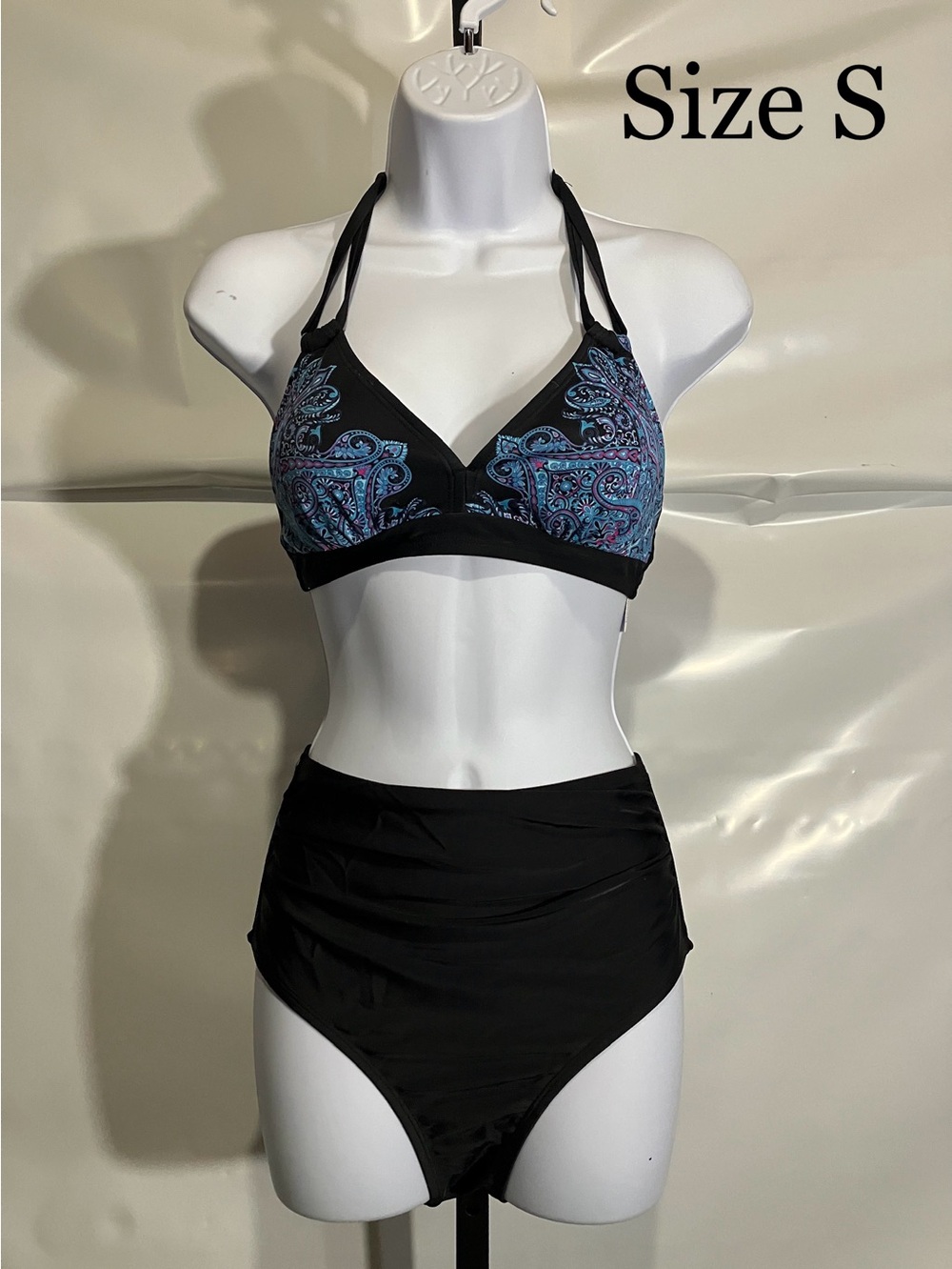 Black Paisley Halter Bikini Set with Blue Accents - Size S
